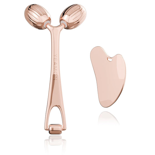 Juego de rodillo facial y gua sha de oro rosa